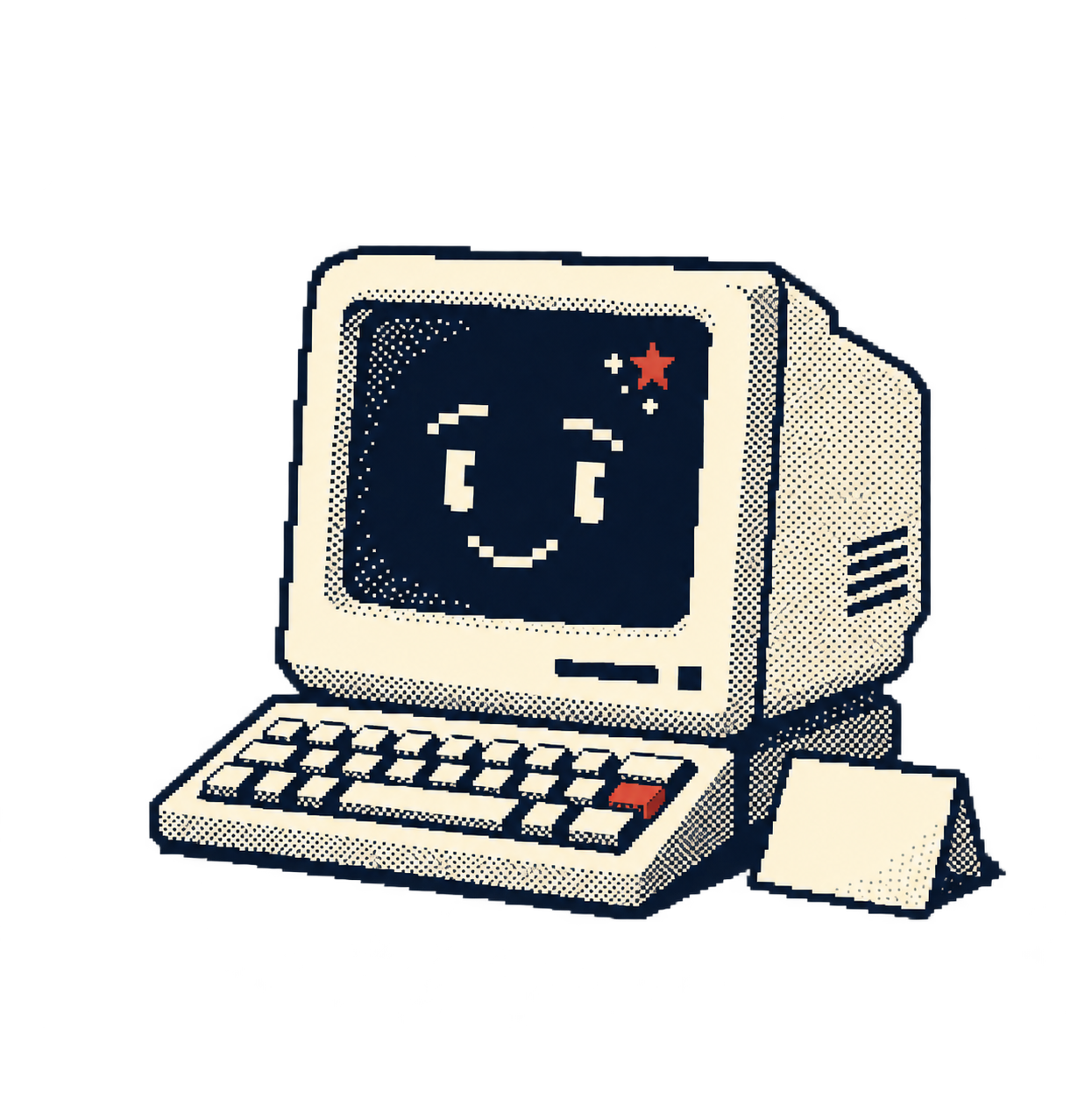 A cheerful vintage computer with a small red star on its screen.