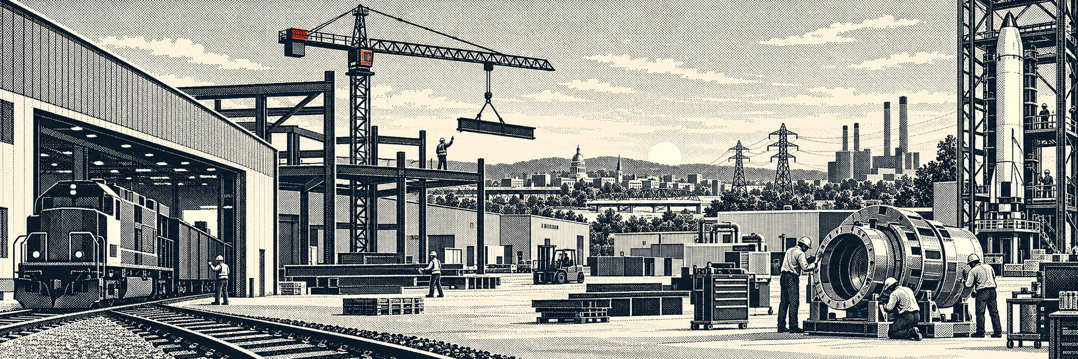A coarse-dither computer illustration of American industrial and electrical infrastructure
