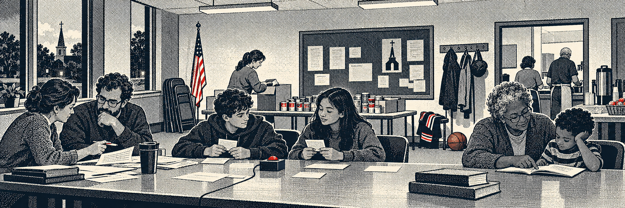 A black-and-white period-computer illustration of citizens working together around a meeting table