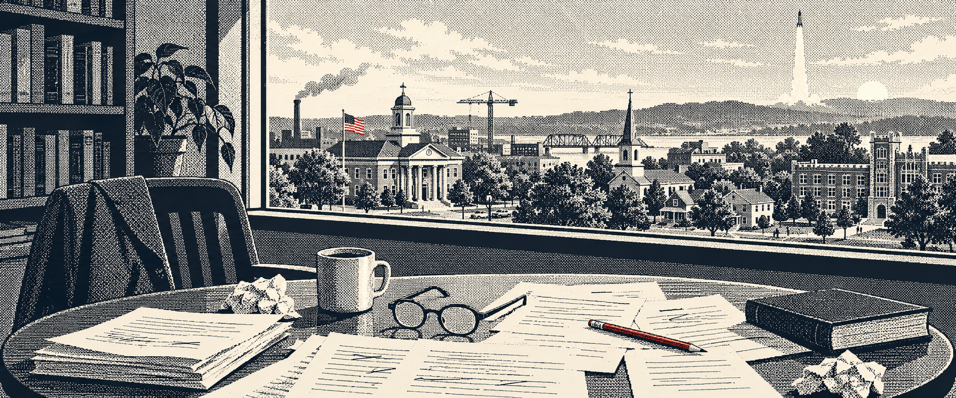 A late-1980s computer-style illustration of a professor’s desk overlooking an American civic landscape
