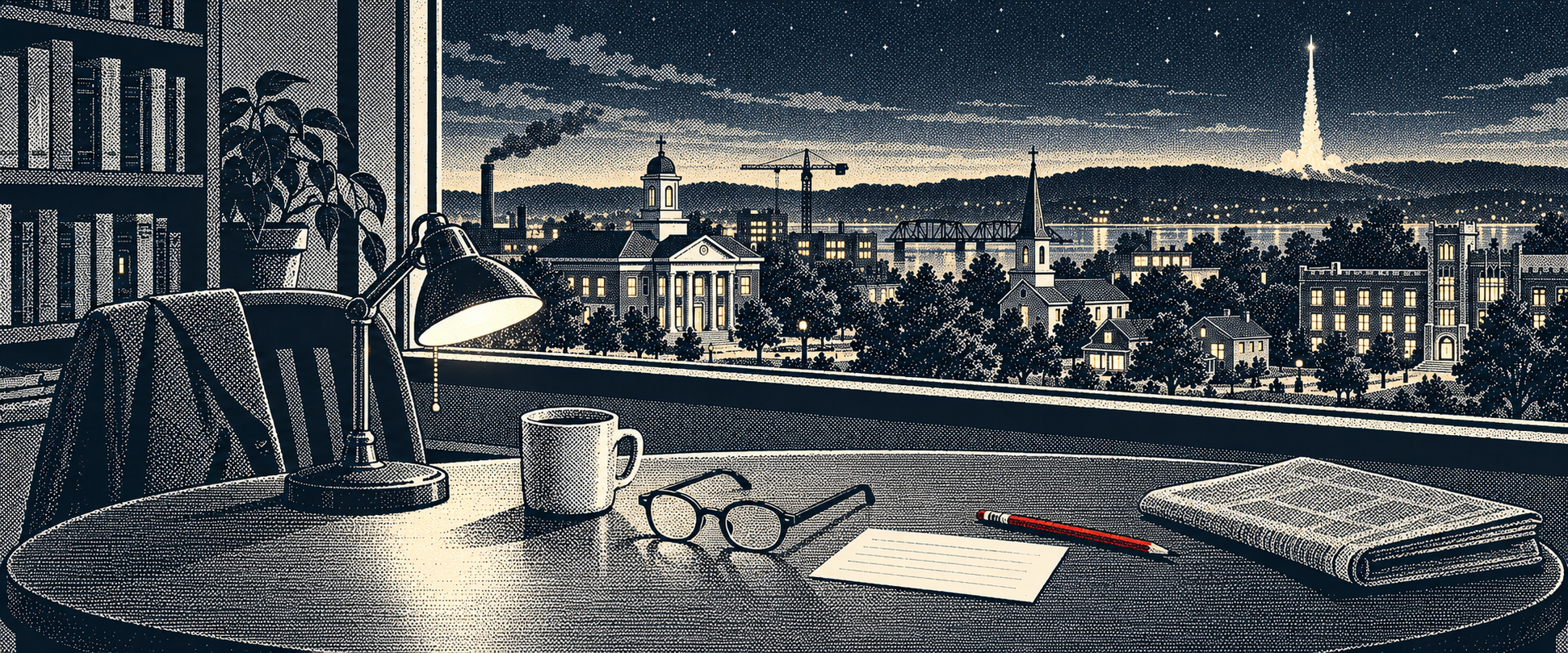 A black-and-white period-computer illustration of a lamp-lit desk overlooking an American city at night