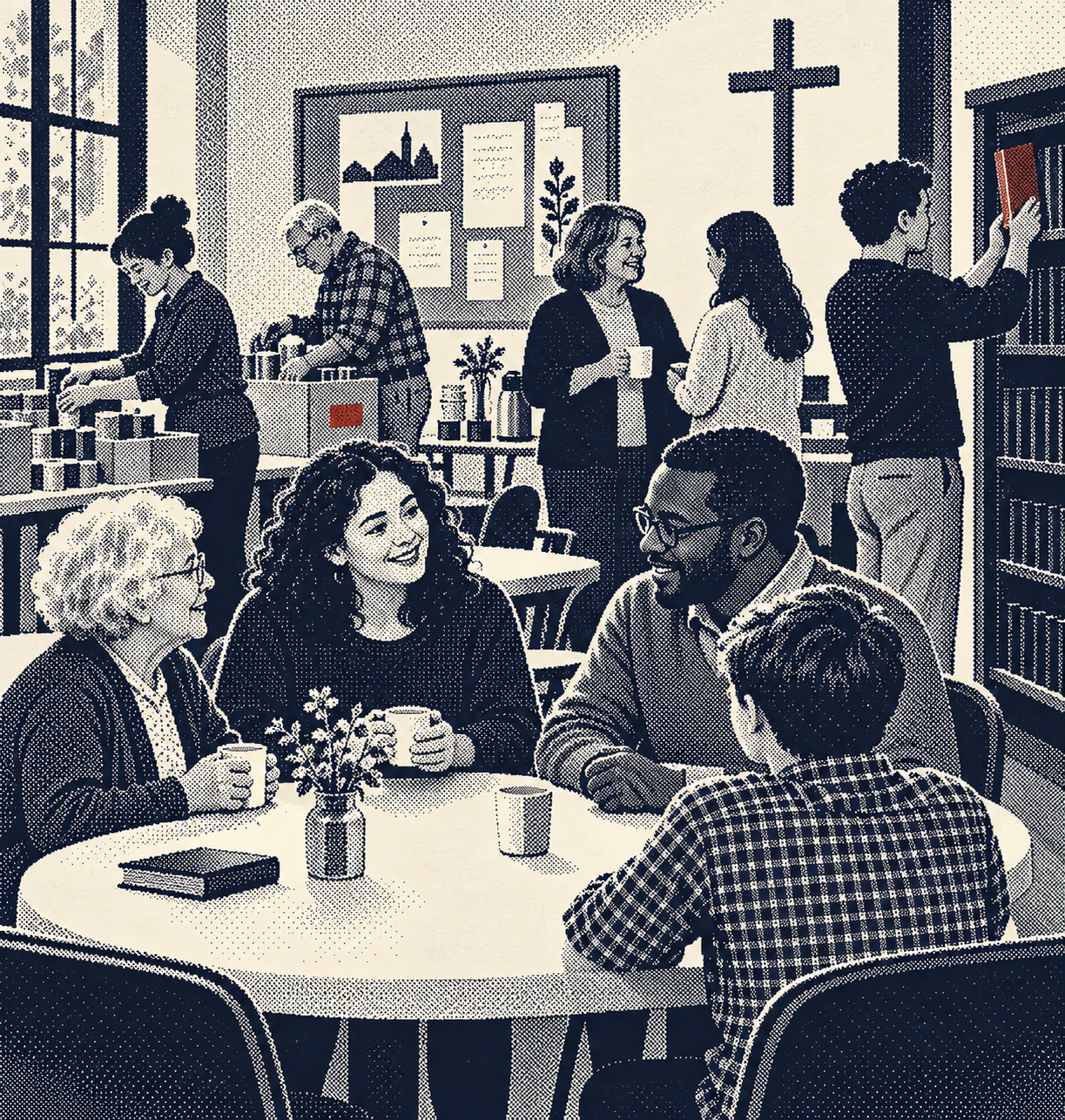 A black-and-white period-computer illustration of neighbors gathered in a church fellowship room