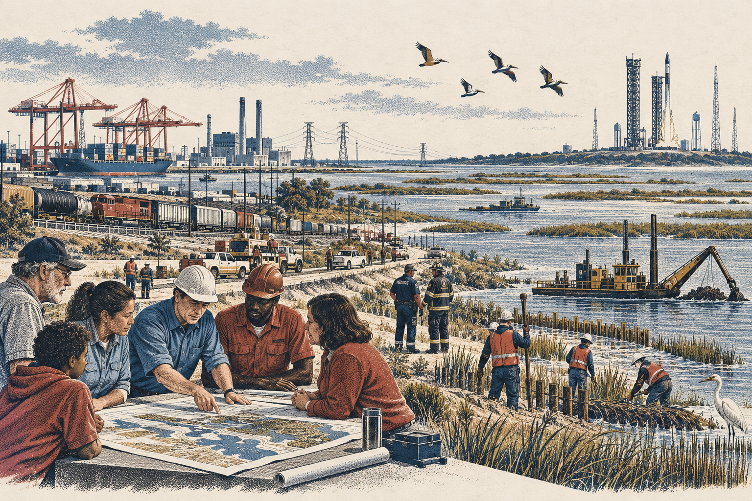 A dithered Gulf Coast illustration with residents, engineers, workers, first responders, port and rail infrastructure, marsh restoration, and a distant launch complex.