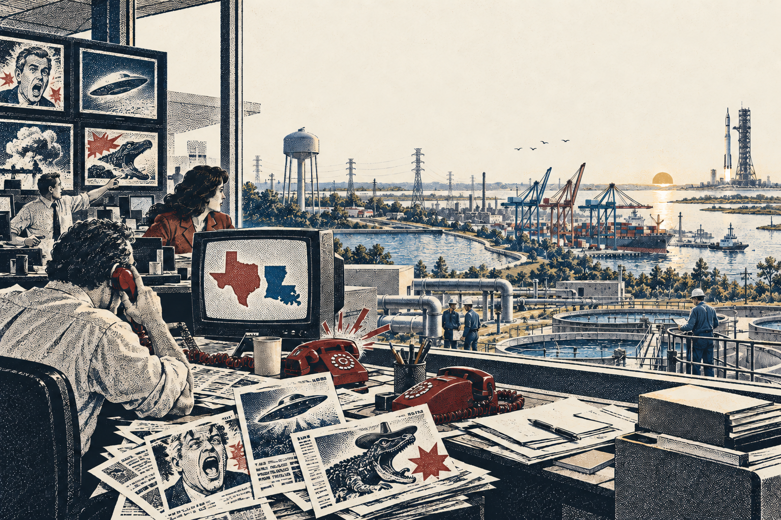 A Macintosh-era editorial illustration contrasting noisy media screens with Gulf Coast water, port, power, and launch infrastructure.