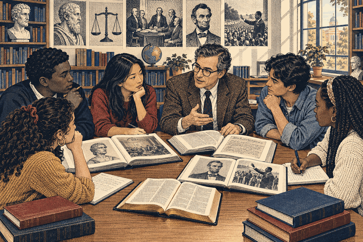 A public-school humanities class compares an open Bible with literature and historical speeches.