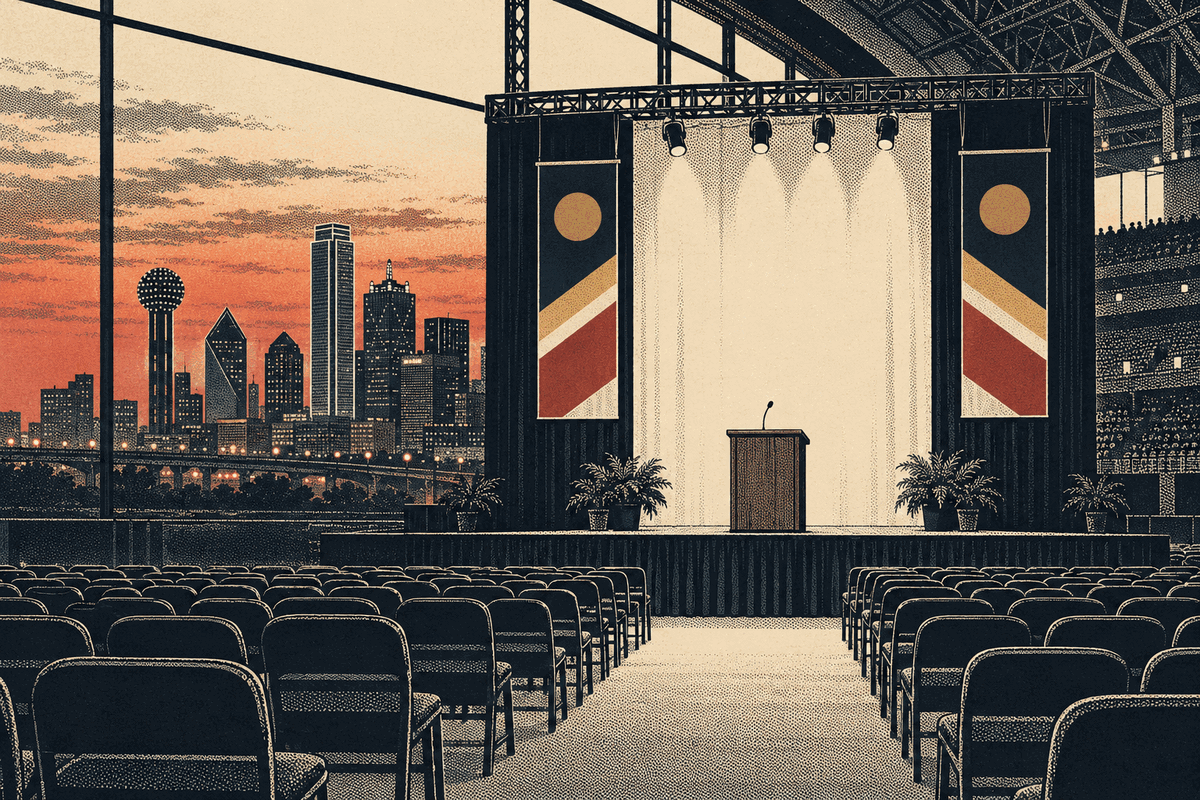 A halftone editorial illustration of an empty convention stage and rows of chairs set against the Dallas skyline.