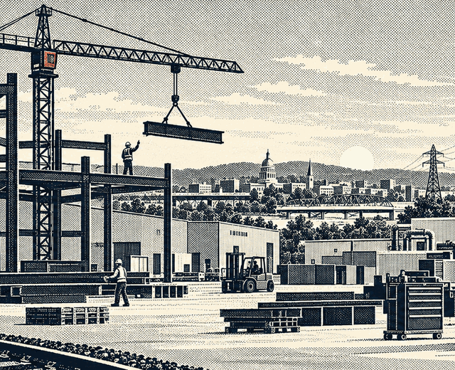 A halftone landscape of American factories, rail, transmission, and power infrastructure.