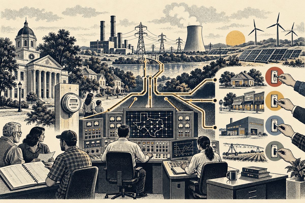A municipal power control room connected to homes, businesses, generators, and transmission lines.