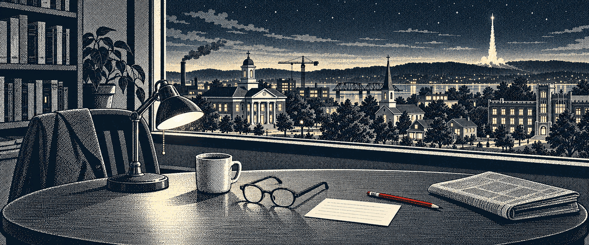 A halftone editorial illustration of a lamp-lit desk overlooking an American city at night.