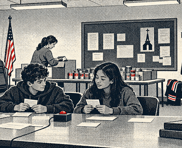 A halftone illustration of neighbors handling the work of a local civic organization.